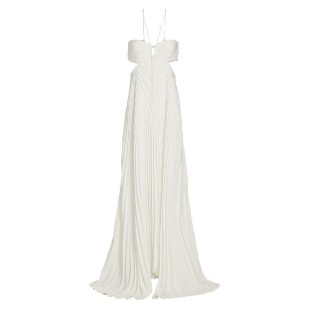 Back view of cream halter maxi dress with pleated skirt and open back