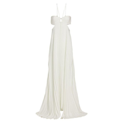 Back view of cream halter maxi dress with pleated skirt and open back