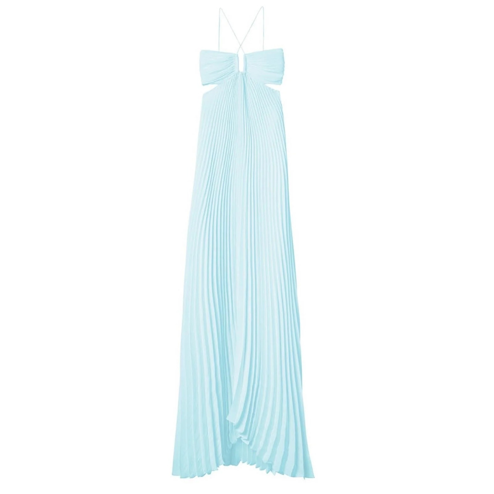 Full-length flat lay of light blue pleated halter maxi dress with bow cutout