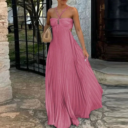 Mauve pink halter maxi dress with pleated design and cutout waist