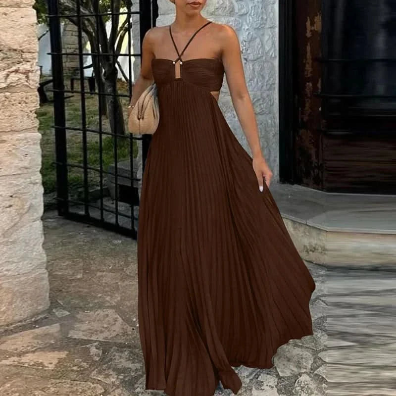 Chocolate brown halter maxi dress with pleated skirt and empire waist