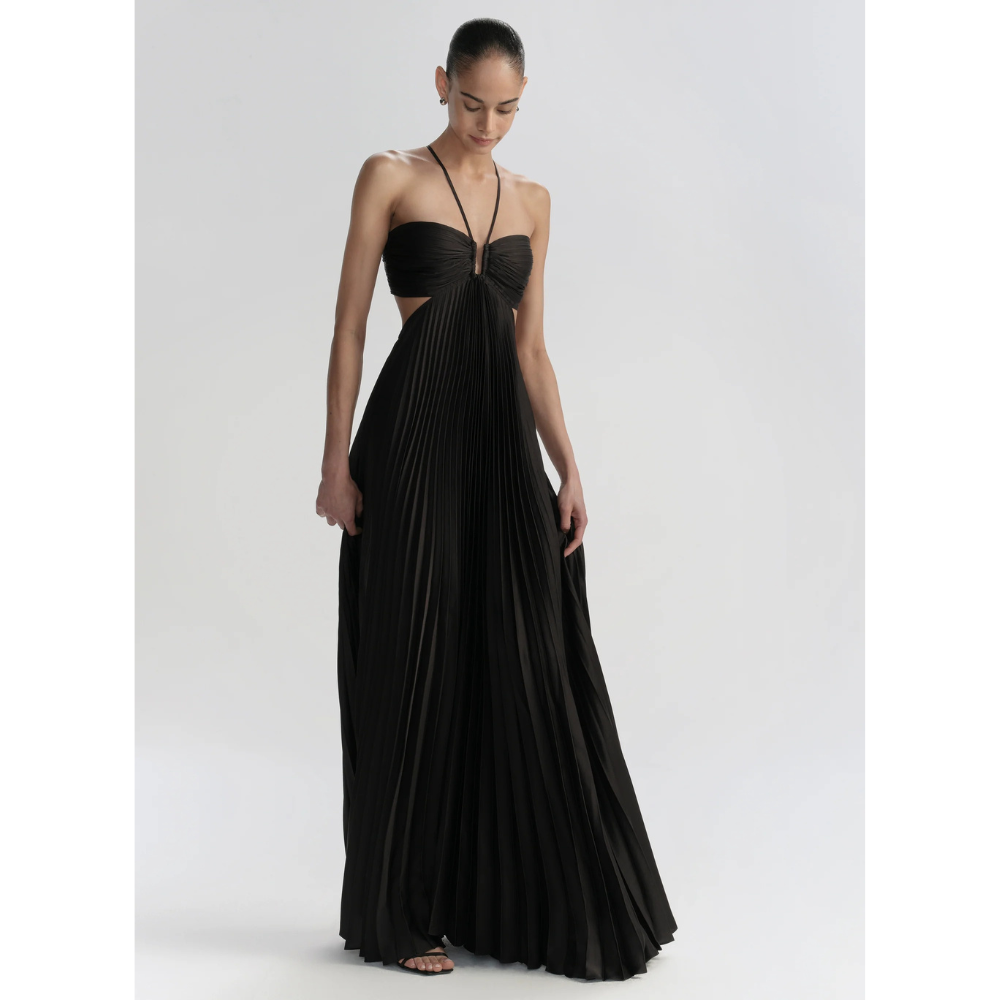 Front view of black halter maxi dress with pleated bodice and side cutouts