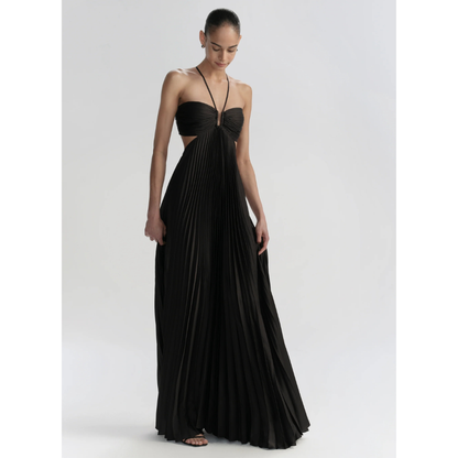 Front view of black halter maxi dress with pleated bodice and side cutouts