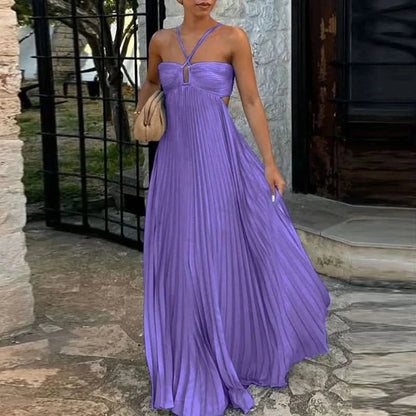 Lavender purple halter maxi dress with pleated bodice and full skirt