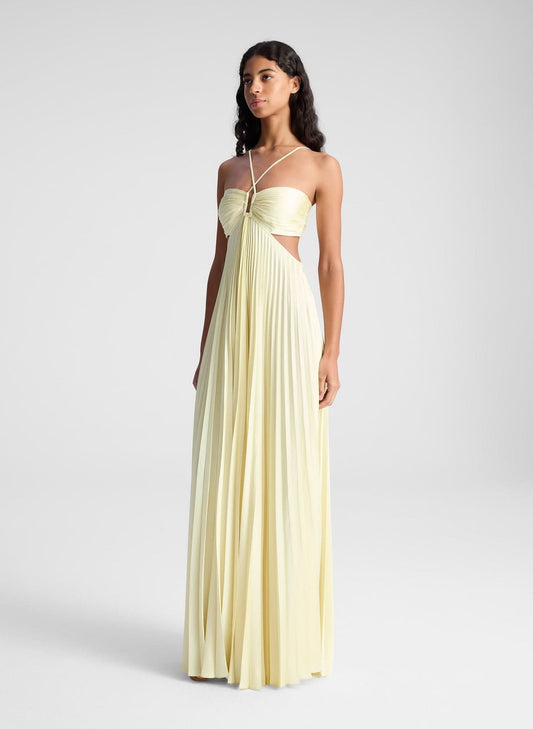 Cream halter maxi dress with pleated skirt and cutout waist detail