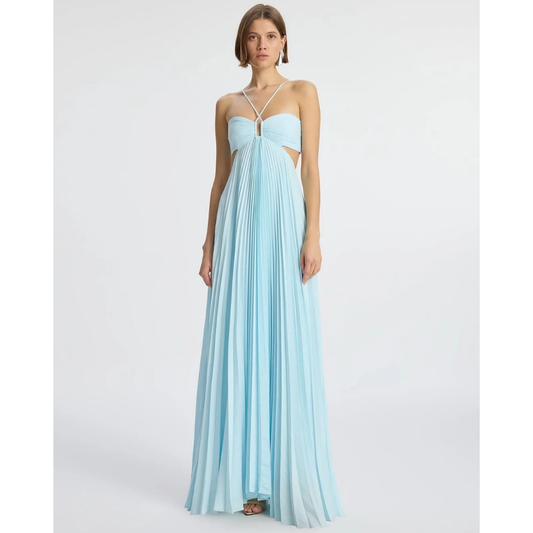 Light blue pleated halter maxi dress with cutout sides and flowing skirt