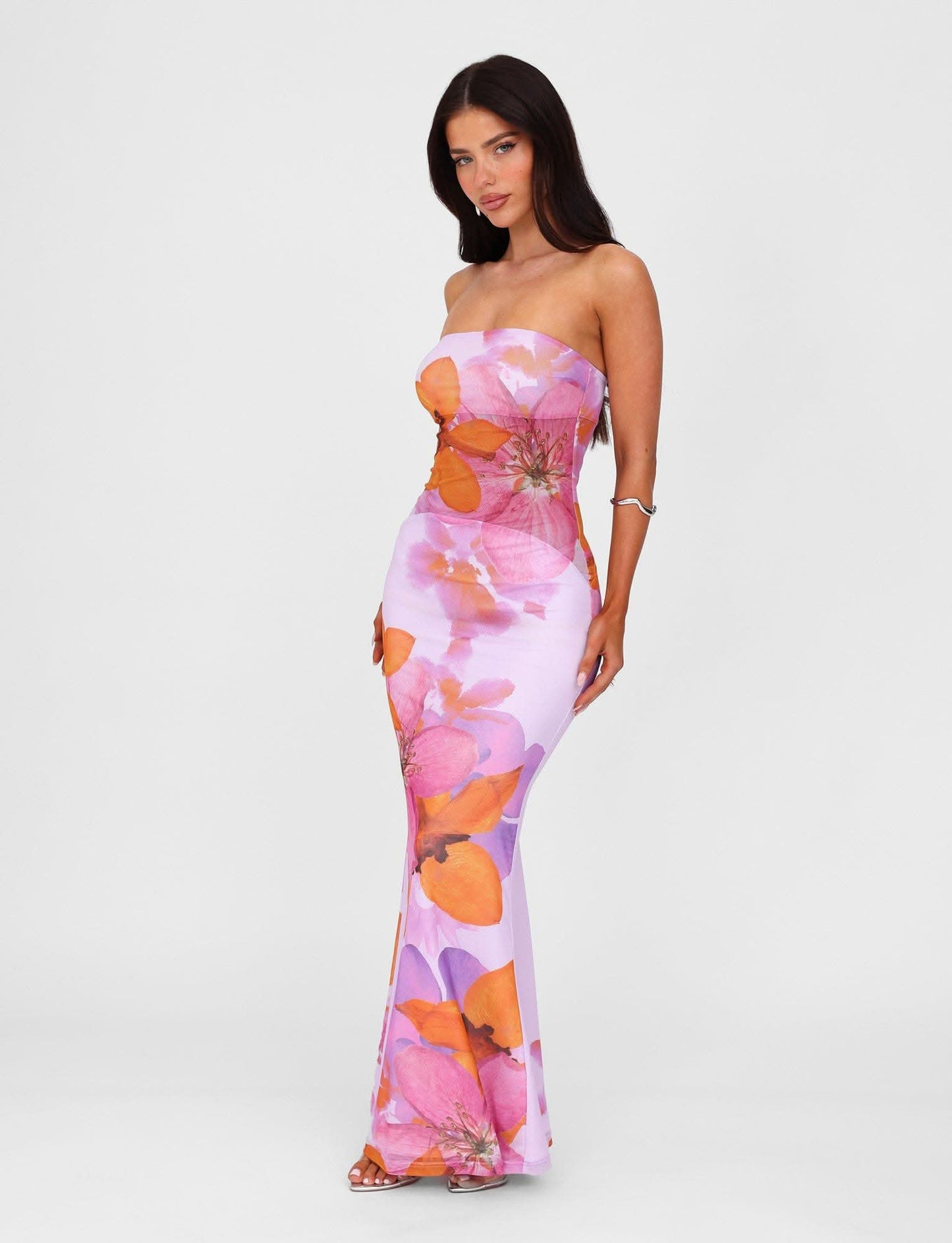 Lavender floral maxi dress with strapless neckline and multicolor flower design