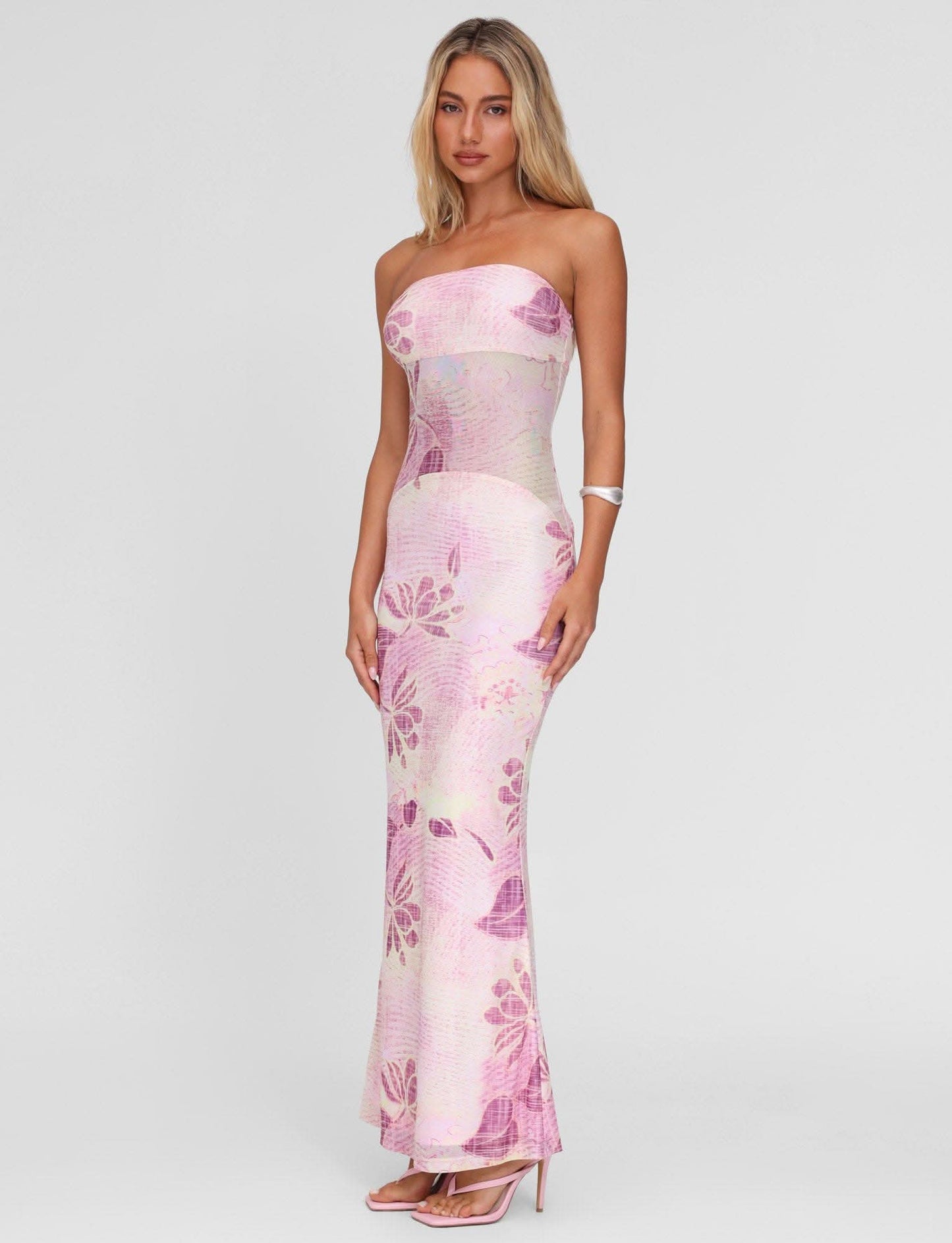 Pink floral maxi dress with strapless neckline and fitted bodice