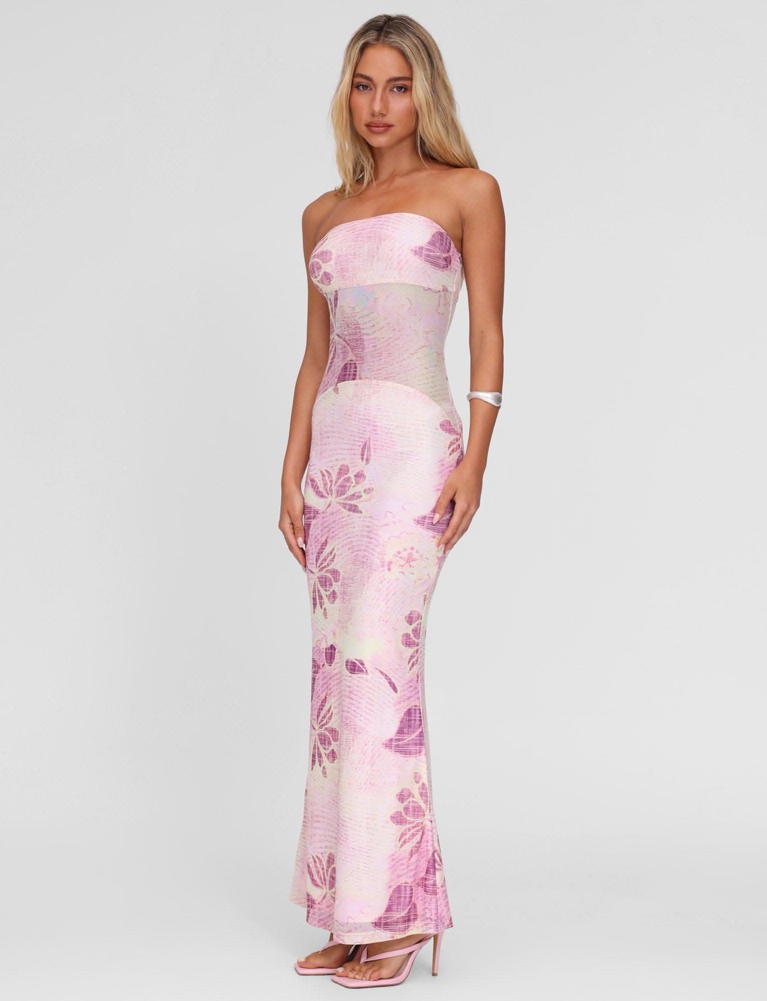 Pink floral maxi dress with strapless neckline and fitted bodice
