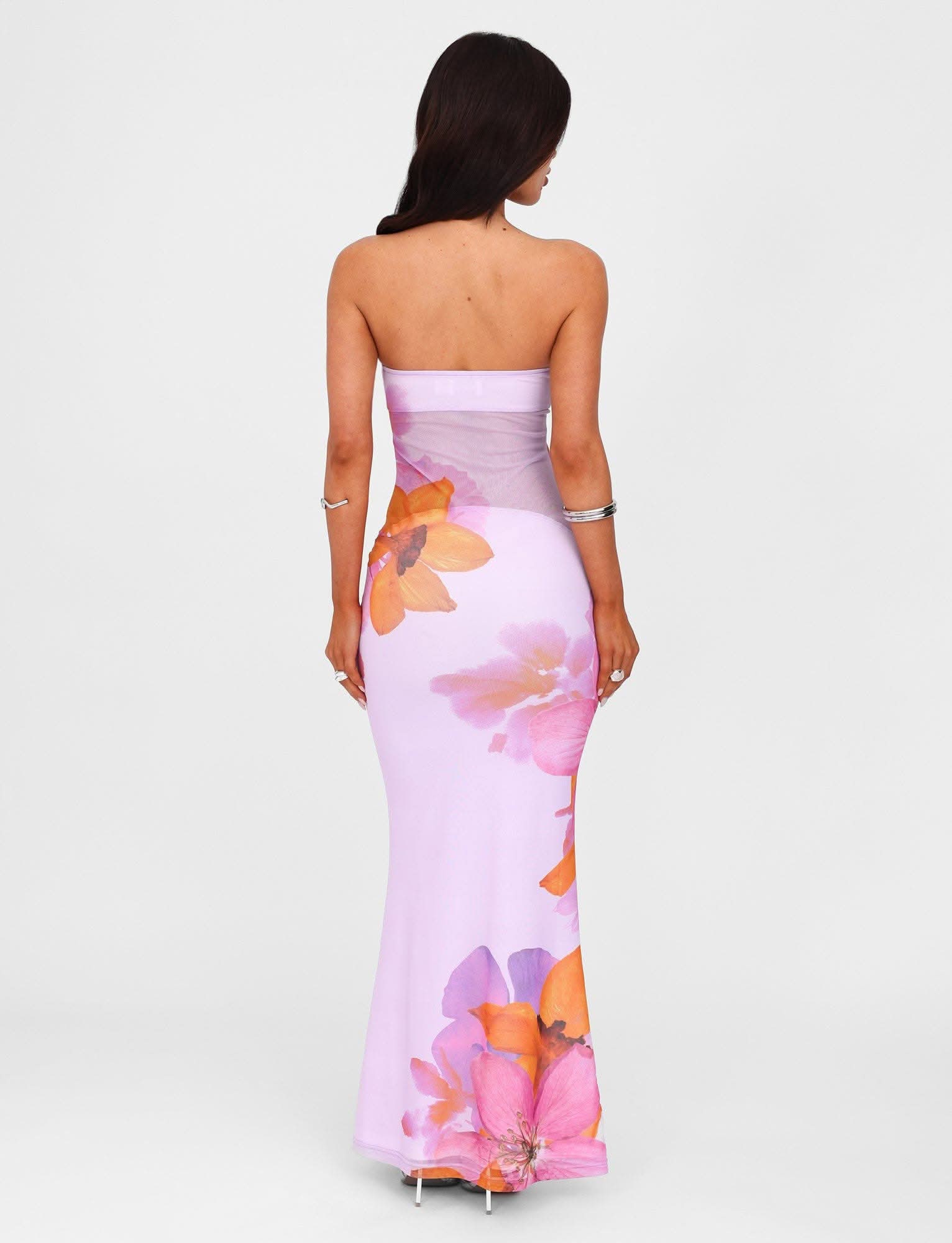 Lavender maxi dress with orange and pink floral print and strapless neckline