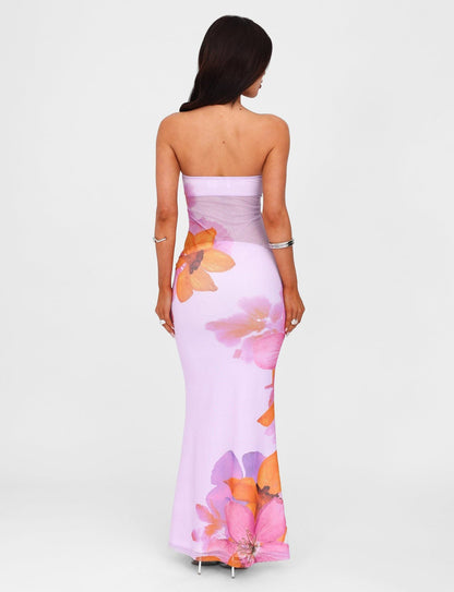 Lavender maxi dress with orange and pink floral print and strapless neckline
