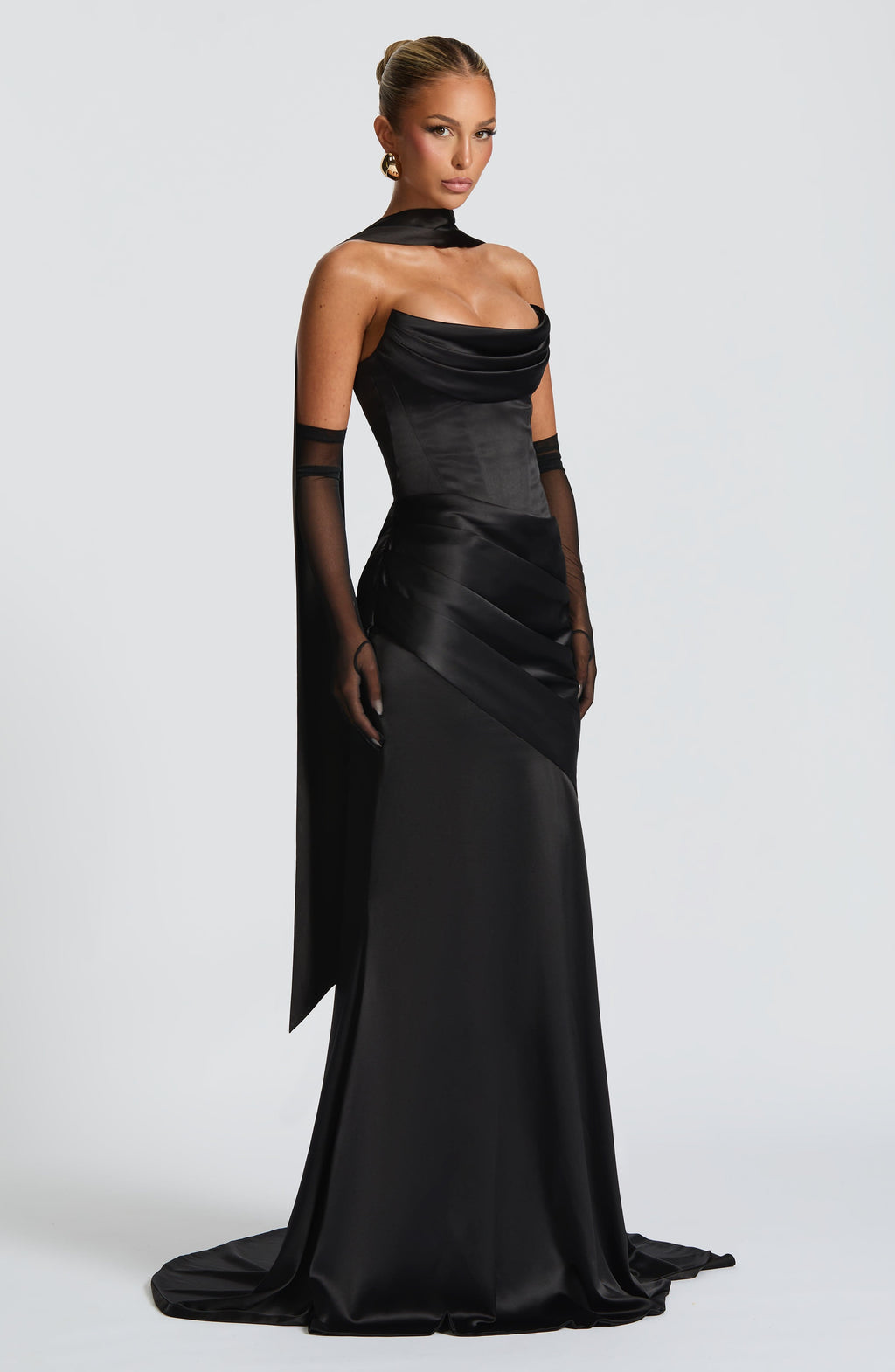 MORWEN | STRAPLESS COWL SATIN MAXI DRESS - Black