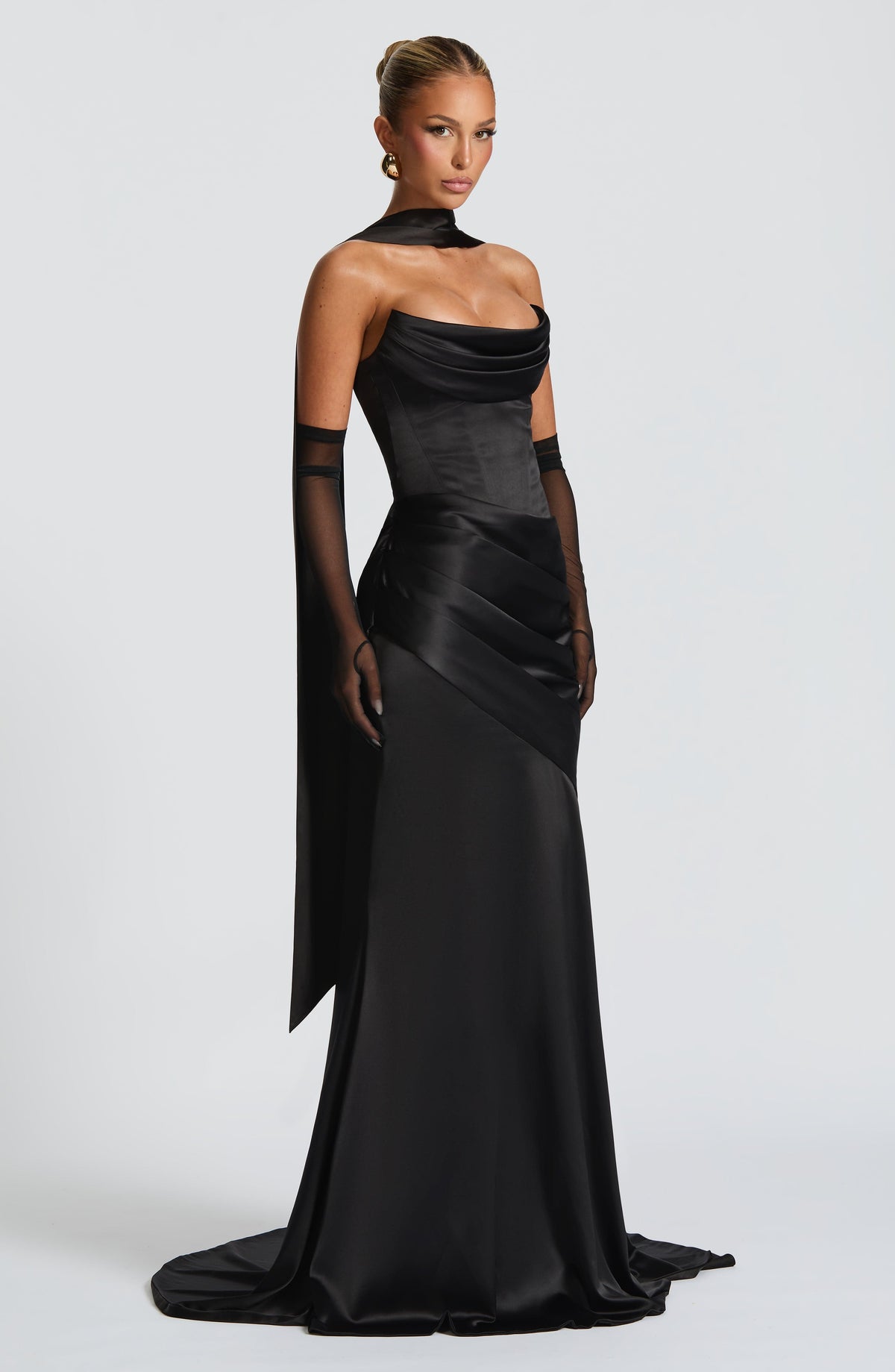 MORWEN | STRAPLESS COWL SATIN MAXI DRESS - Black