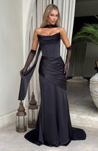 MORWEN | STRAPLESS COWL SATIN MAXI DRESS - Black