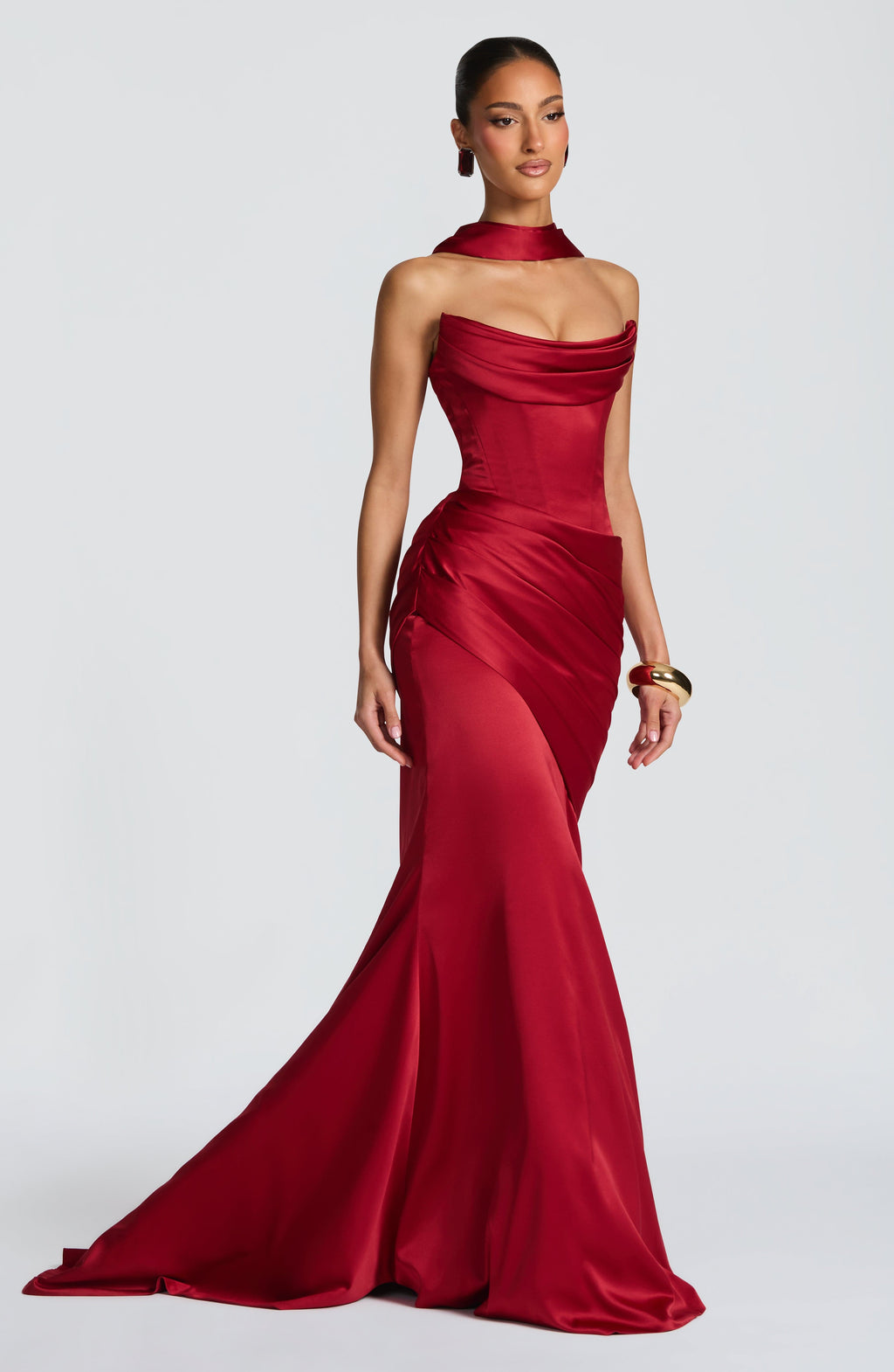 MORWEN | STRAPLESS COWL SATIN MAXI DRESS - Deep Red