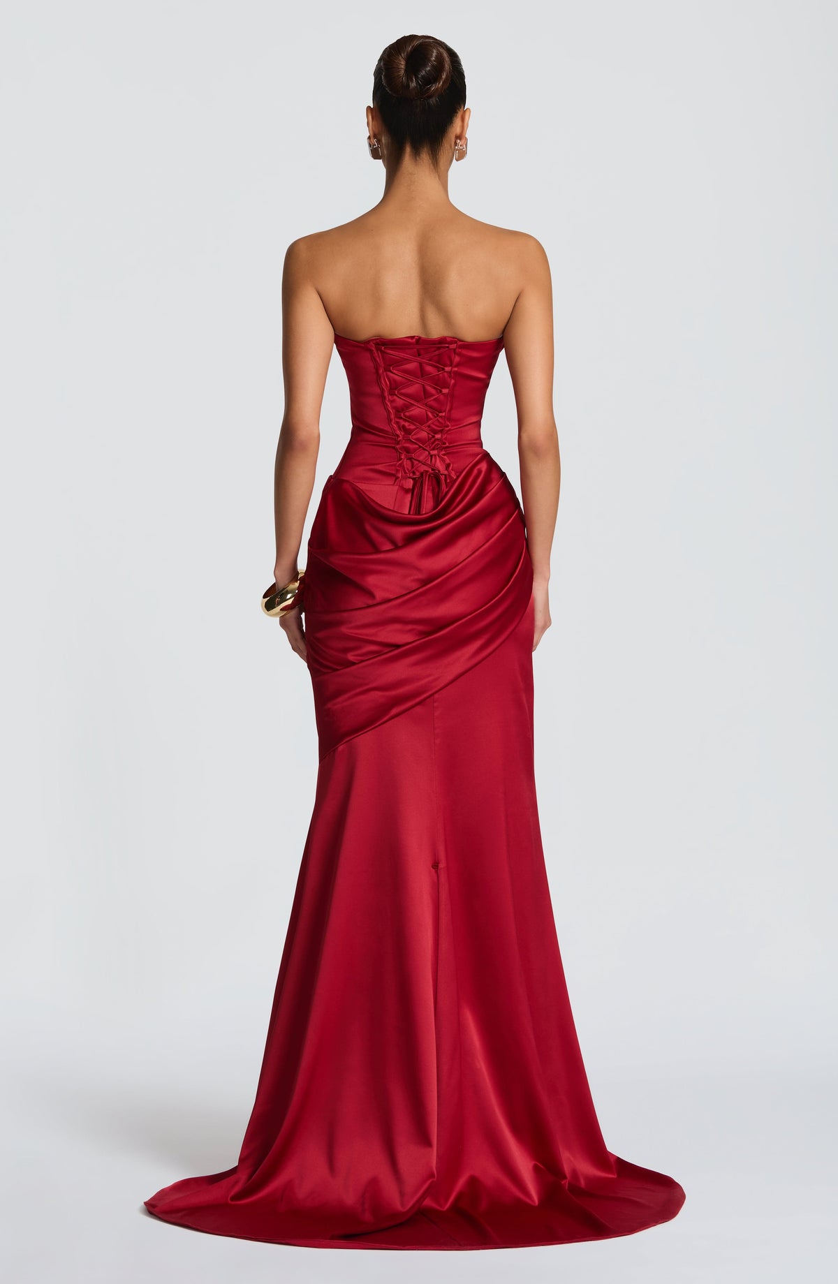 MORWEN | STRAPLESS COWL SATIN MAXI DRESS - Deep Red