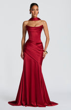 MORWEN | STRAPLESS COWL SATIN MAXI DRESS - Deep Red