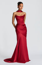MORWEN | STRAPLESS COWL SATIN MAXI DRESS - Deep Red