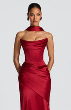 MORWEN | STRAPLESS COWL SATIN MAXI DRESS - Deep Red