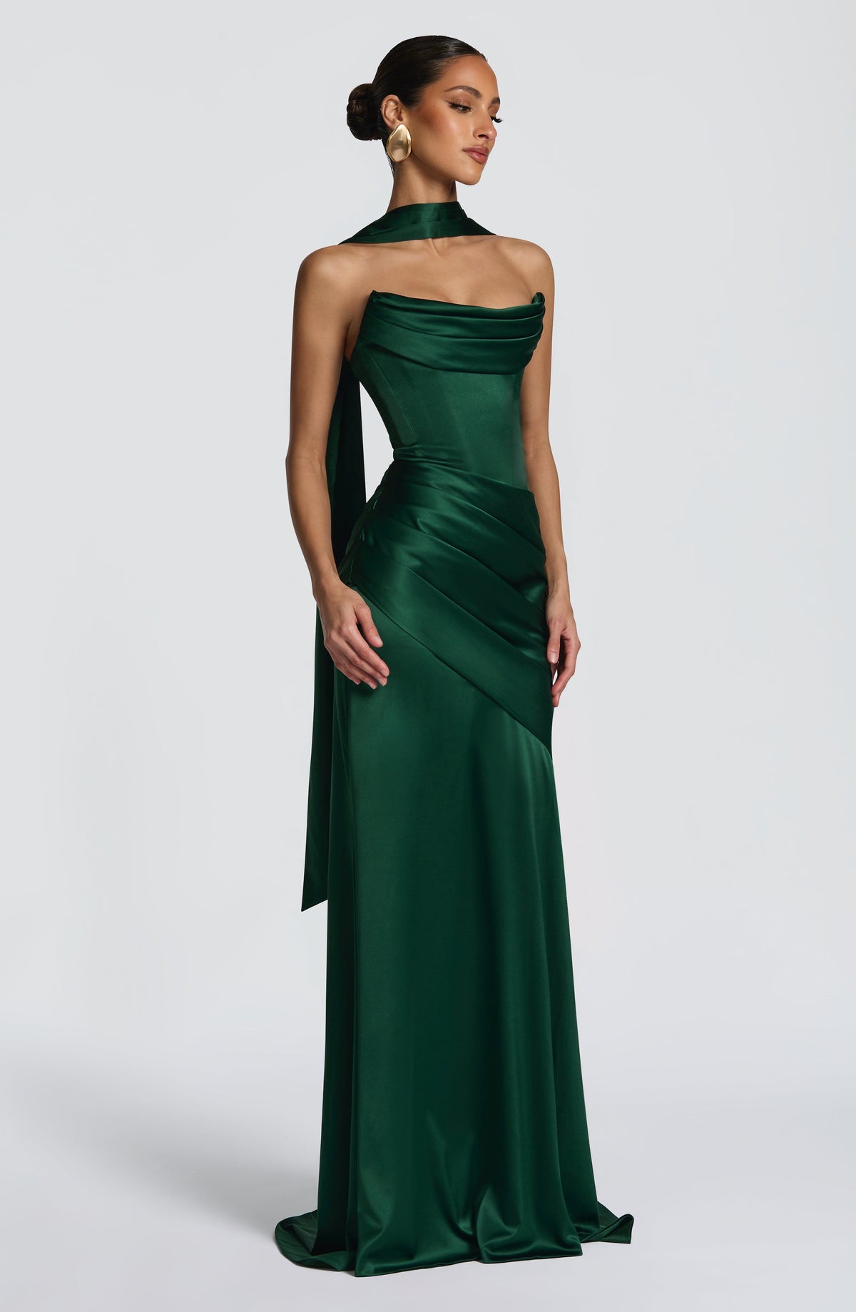 MORWEN | STRAPLESS COWL SATIN MAXI DRESS - Emerald Green