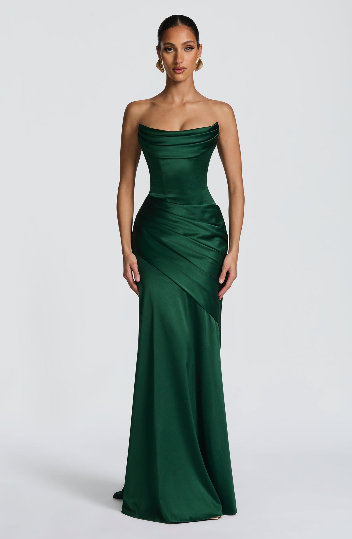 MORWEN | STRAPLESS COWL SATIN MAXI DRESS - Emerald Green