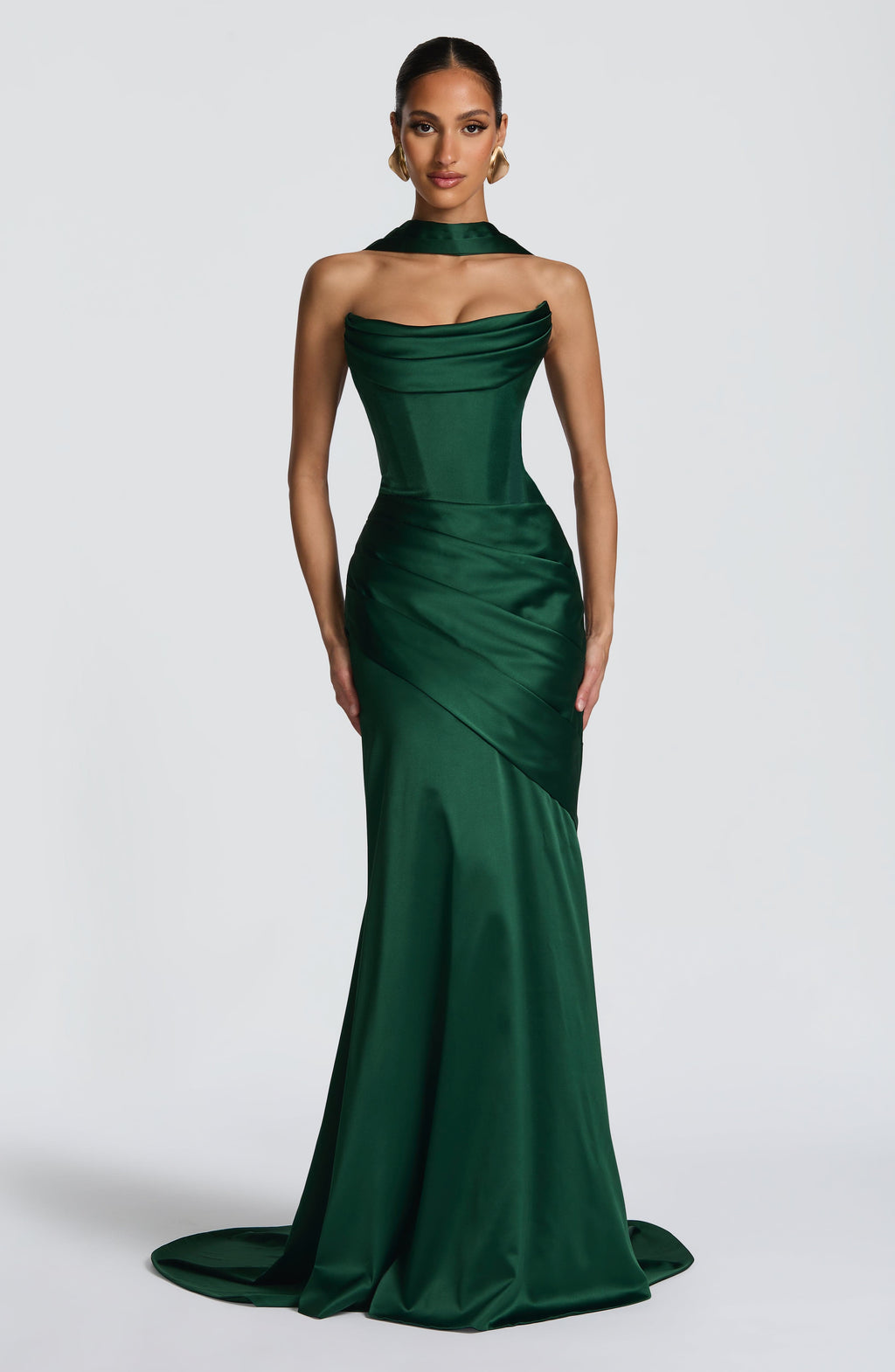 MORWEN | STRAPLESS COWL SATIN MAXI DRESS - Emerald Green