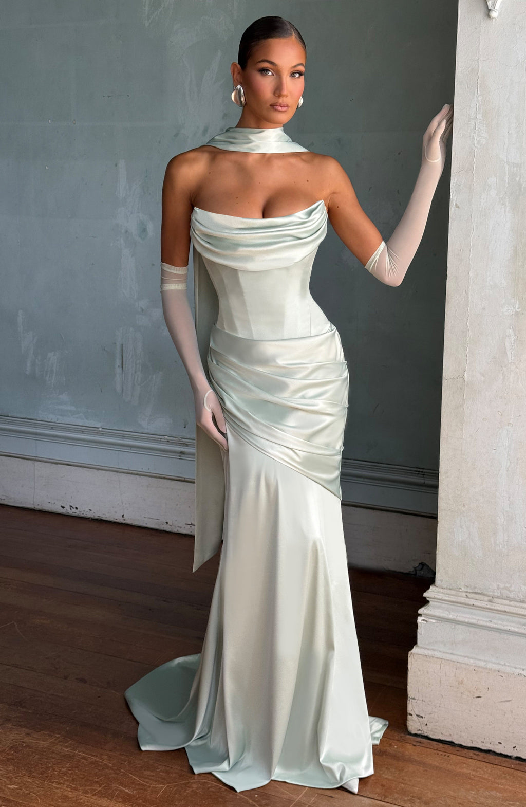 MORWEN | STRAPLESS COWL SATIN MAXI DRESS - Mint