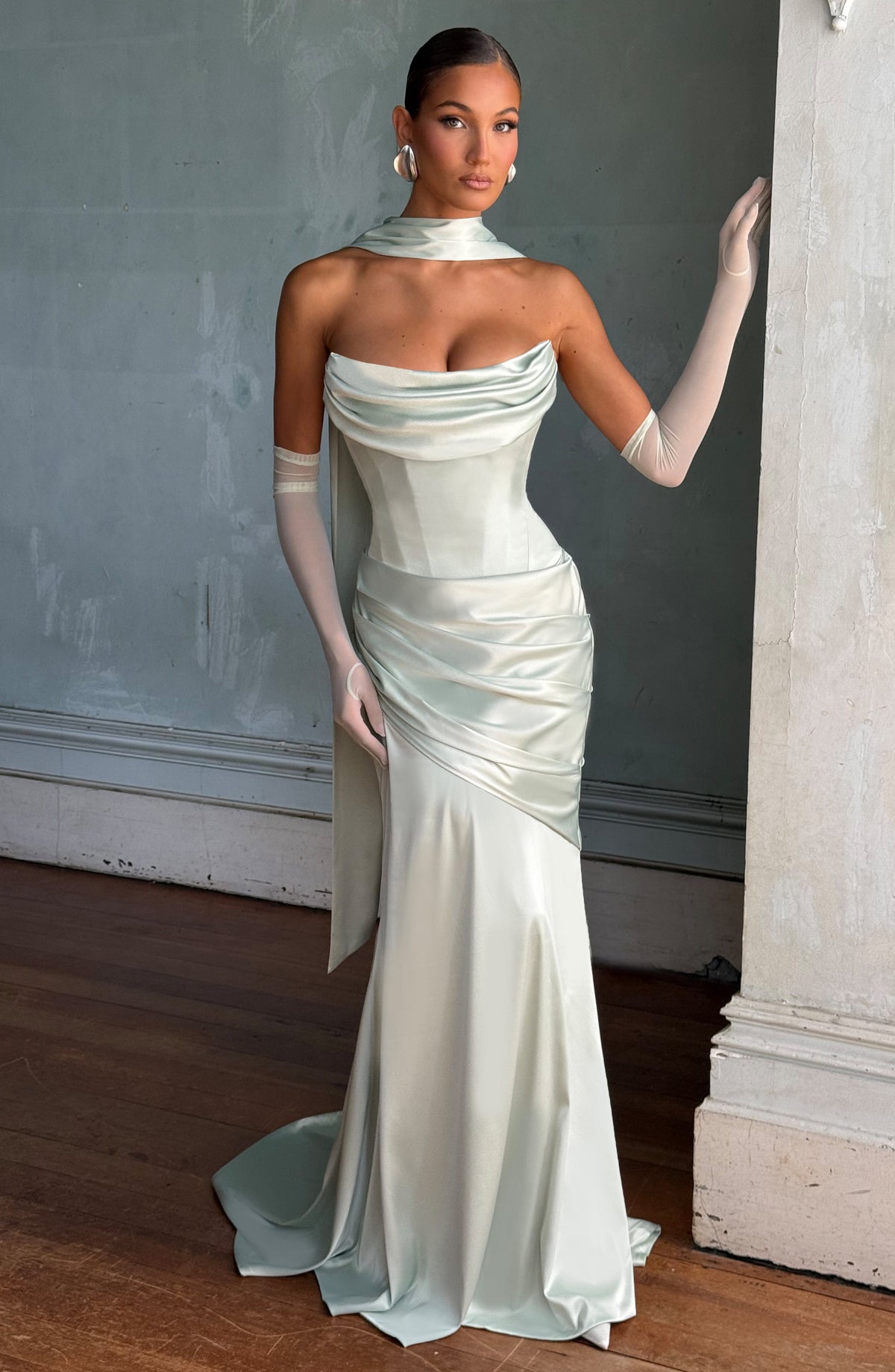MORWEN | STRAPLESS COWL SATIN MAXI DRESS - Mint
