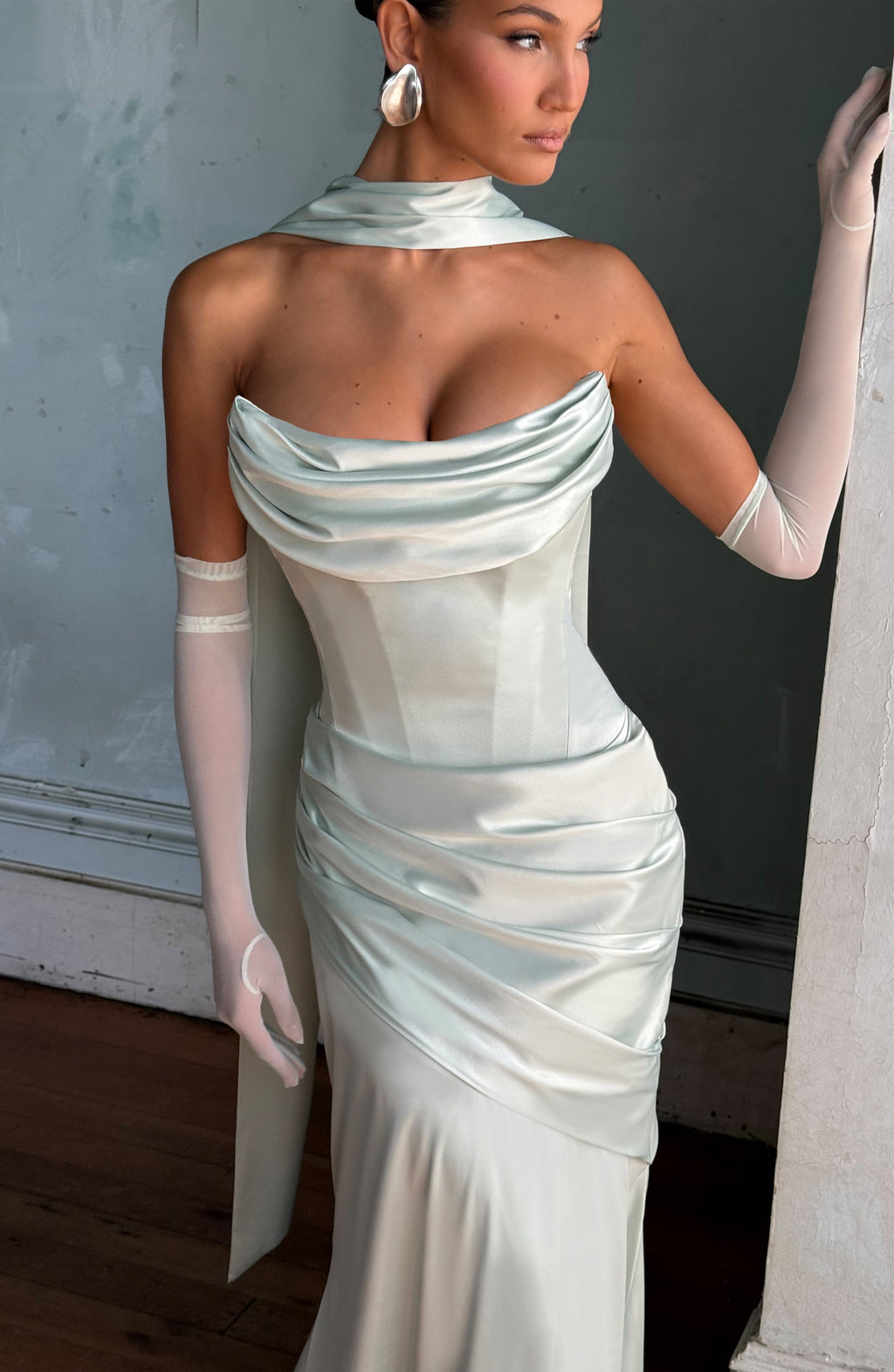 MORWEN | STRAPLESS COWL SATIN MAXI DRESS - Mint