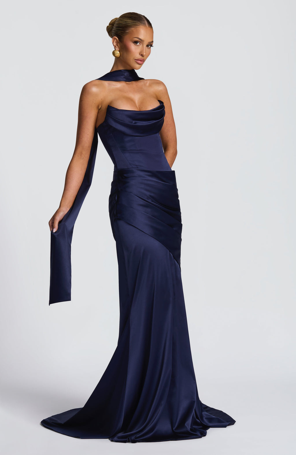 MORWEN | STRAPLESS COWL SATIN MAXI DRESS - Navy