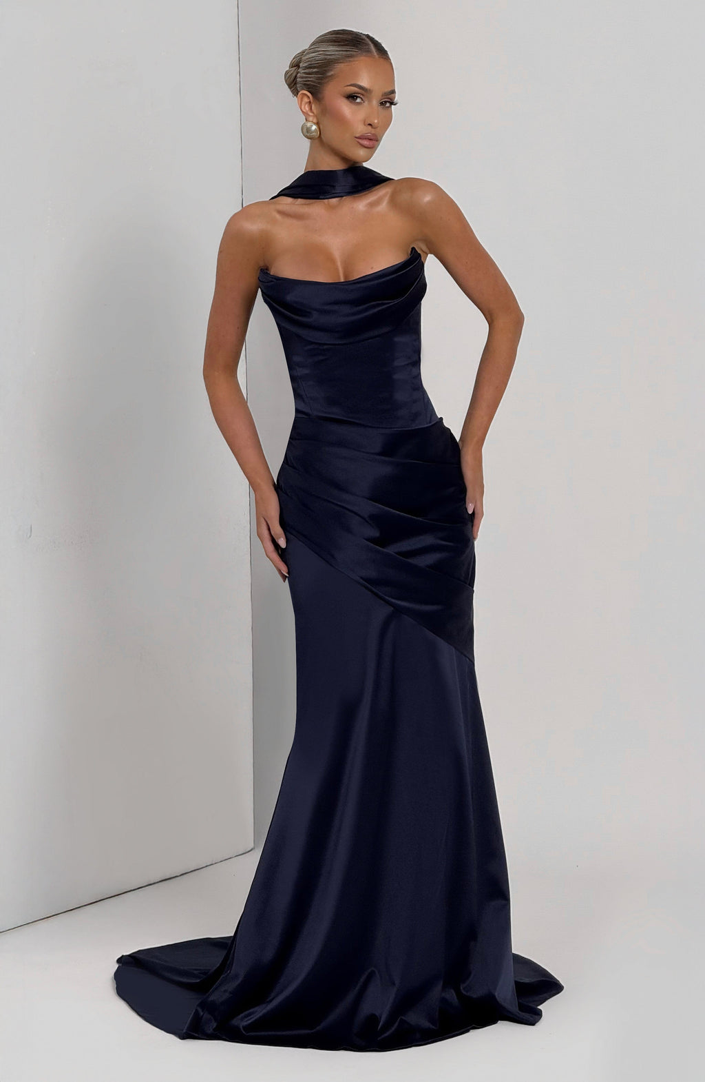 MORWEN | STRAPLESS COWL SATIN MAXI DRESS - Navy