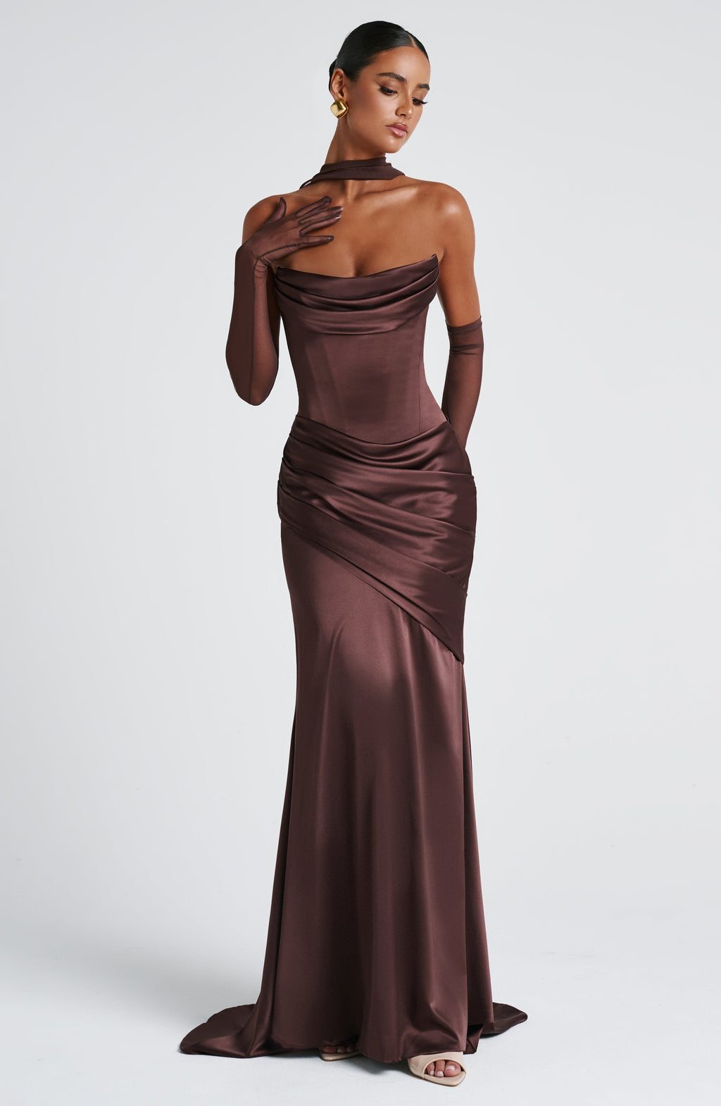 MORWEN | STRAPLESS COWL SATIN MAXI DRESS - Plum Brown