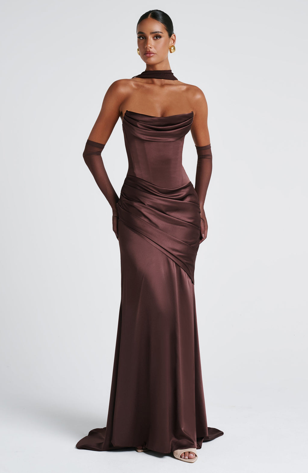 MORWEN | STRAPLESS COWL SATIN MAXI DRESS - Plum Brown