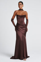 MORWEN | STRAPLESS COWL SATIN MAXI DRESS - Plum Brown
