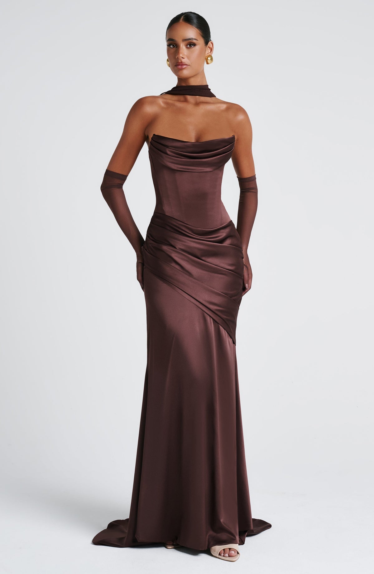 MORWEN | STRAPLESS COWL SATIN MAXI DRESS - Plum Brown