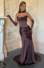 MORWEN | STRAPLESS COWL SATIN MAXI DRESS - Plum Brown