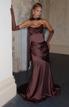 MORWEN | STRAPLESS COWL SATIN MAXI DRESS - Plum Brown