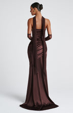 MORWEN | STRAPLESS COWL SATIN MAXI DRESS - Plum Brown