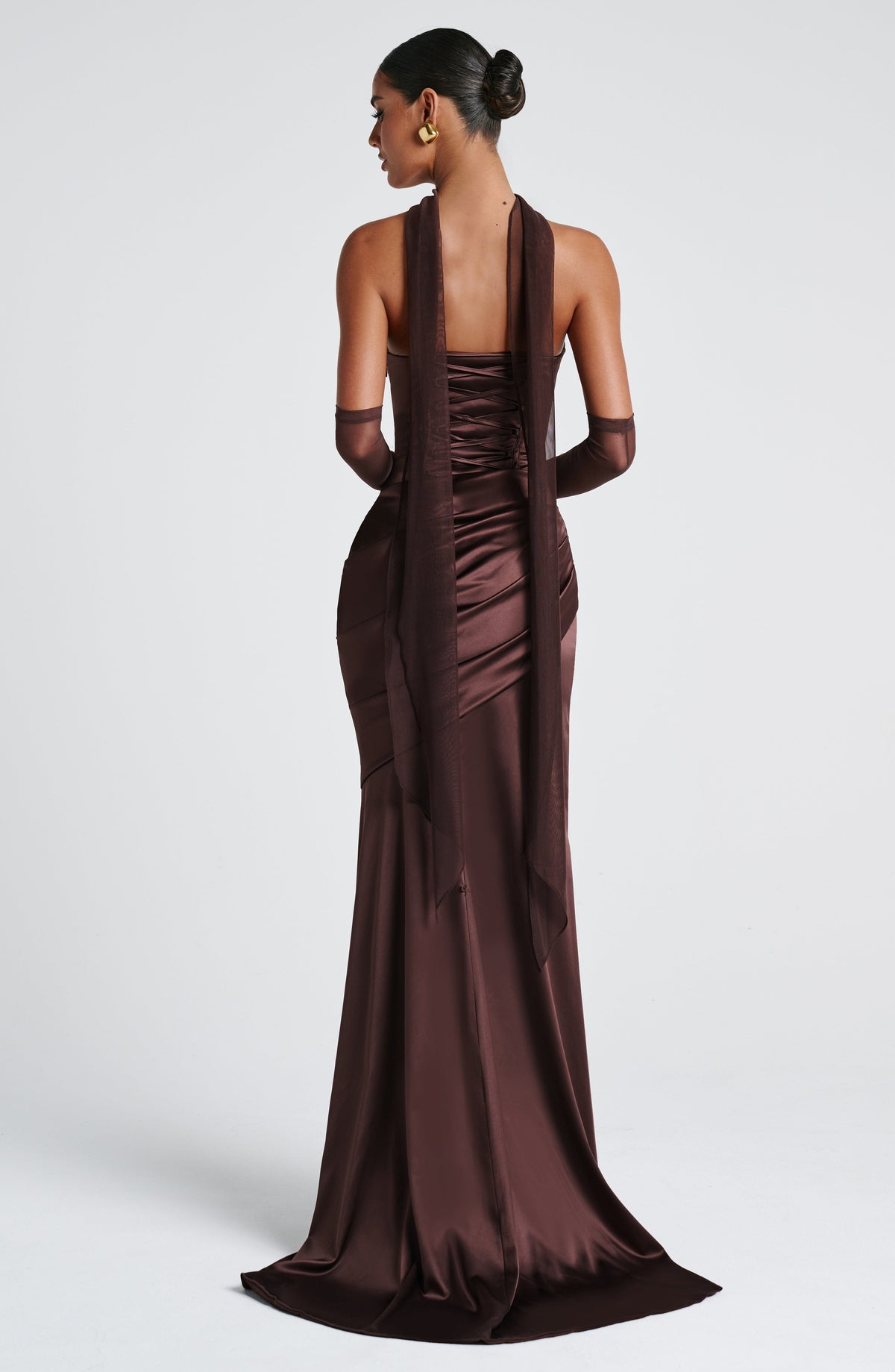 MORWEN | STRAPLESS COWL SATIN MAXI DRESS - Plum Brown