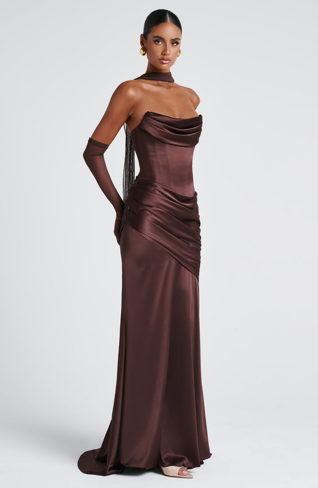 MORWEN | STRAPLESS COWL SATIN MAXI DRESS - Plum Brown