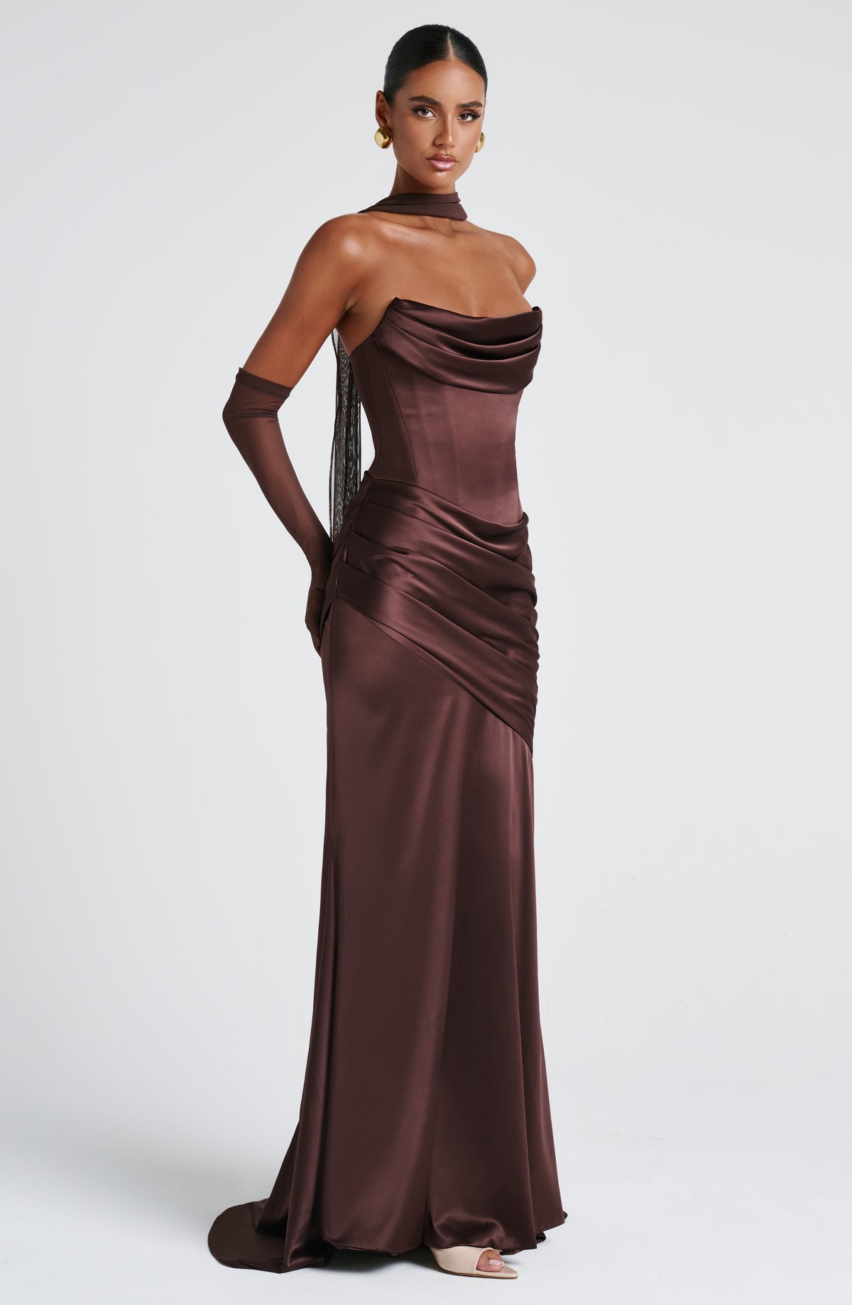 MORWEN | STRAPLESS COWL SATIN MAXI DRESS - Plum Brown