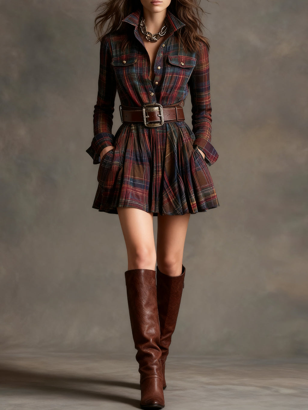 MORWENNA | BELTED PLAID MINI DRESS - Burgundy Plaid