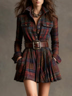 MORWENNA | BELTED PLAID MINI DRESS - Burgundy Plaid