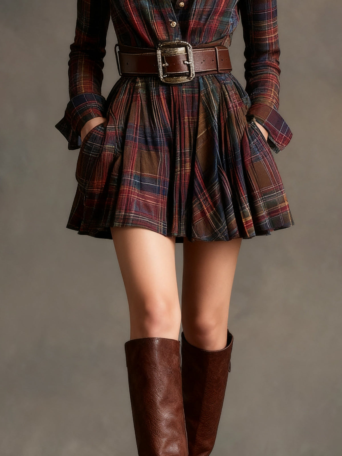 MORWENNA | BELTED PLAID MINI DRESS - Burgundy Plaid