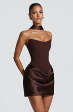 MURIEL | CORSET SATIN MINI DRESS - Plum Brown