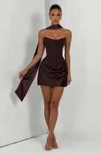MURIEL | CORSET SATIN MINI DRESS - Plum Brown