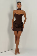 MURIEL | CORSET SATIN MINI DRESS - Plum Brown