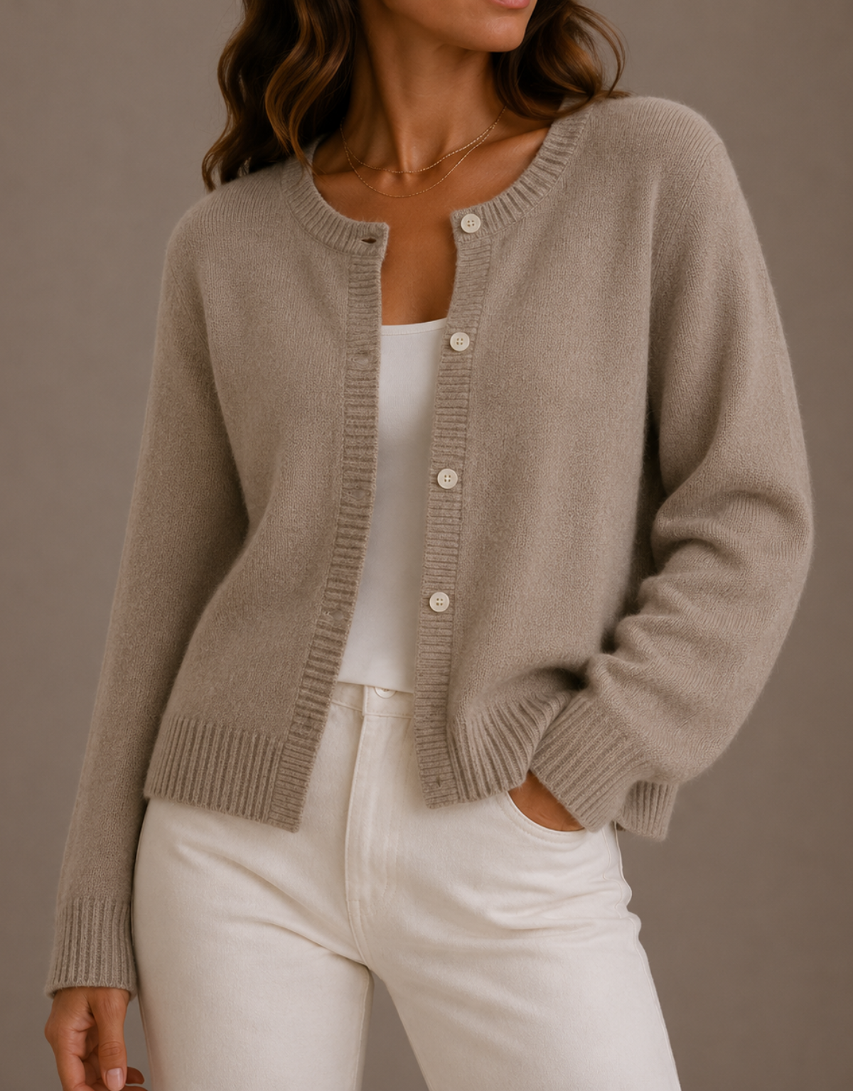 NADIRA | KNIT CREW NECK BUTTON CARDIGAN - Beige