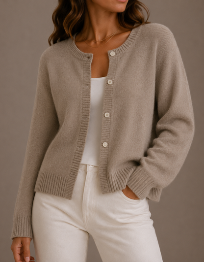 NADIRA | KNIT CREW NECK BUTTON CARDIGAN - Beige