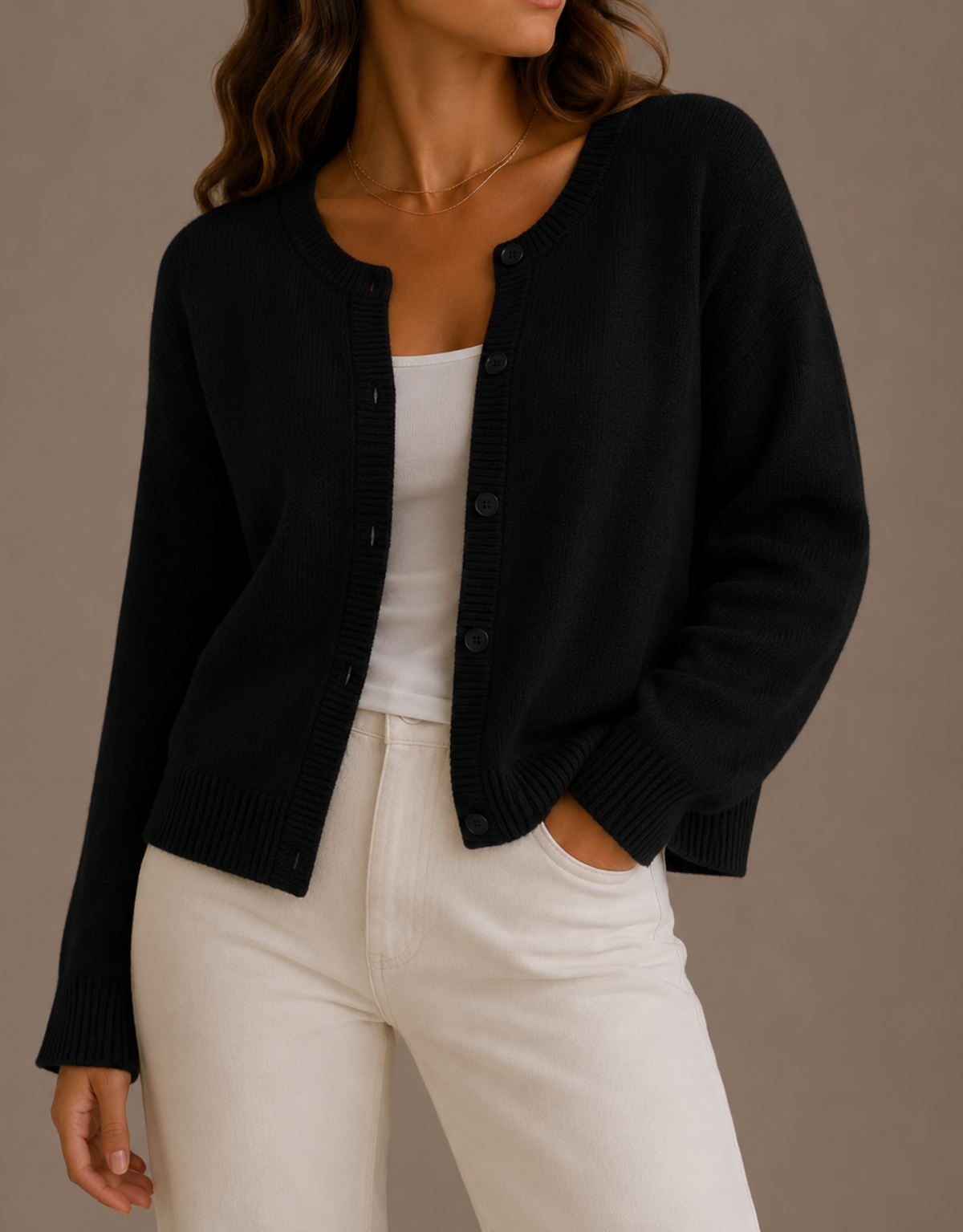 NADIRA | KNIT CREW NECK BUTTON CARDIGAN - Black
